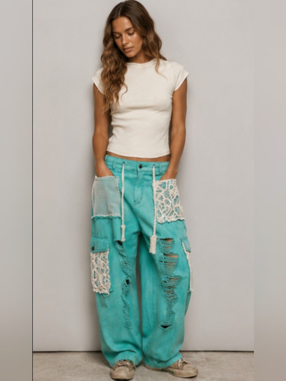 POL Crochet Lace Patchwork Distressed Cargo Jogger Pants